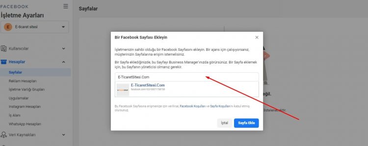 bir facebook sayfası ekleme