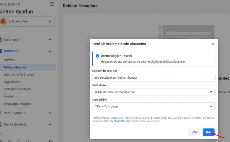 yeni reklam hesabı oluşturma