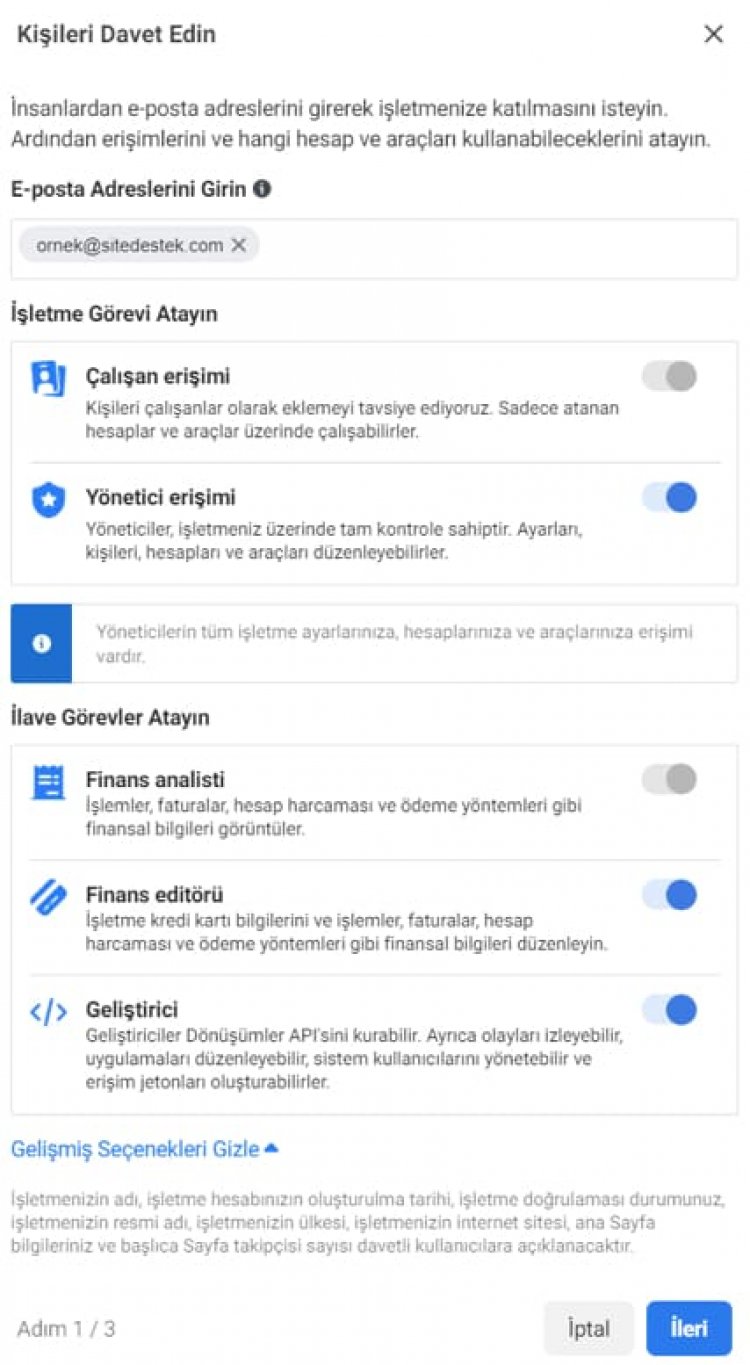 facebook business manager kişilere yetki verme